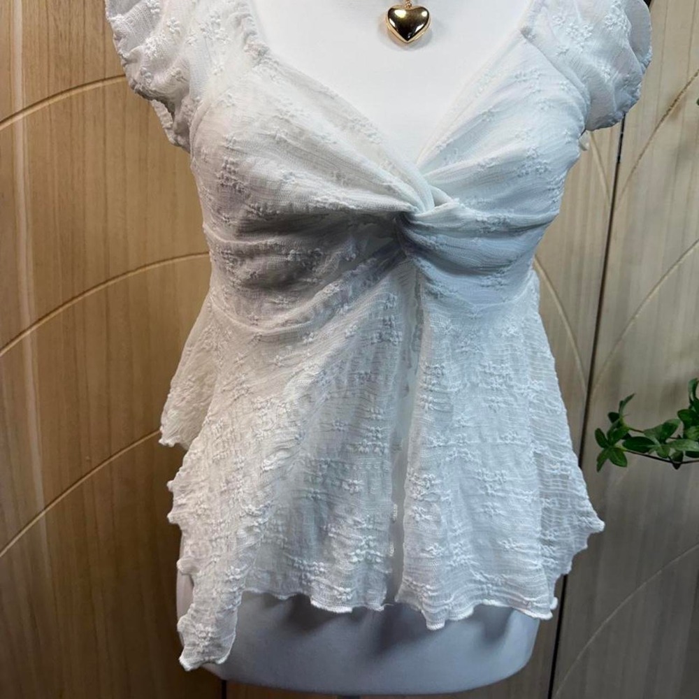 Vintage Y2K White Lace Twist Front Peplum Babydoll Top Cap Sleeve‎ Coquette
